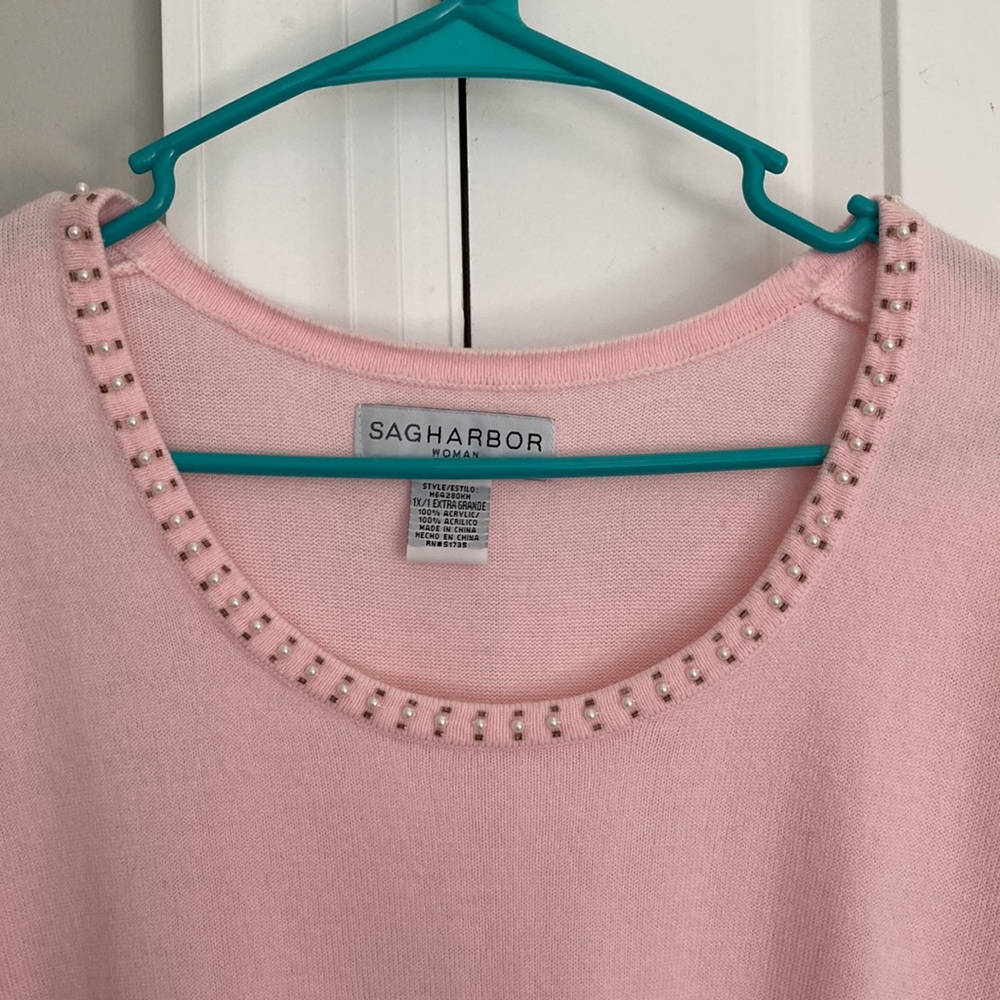 Women’s 1X Sag Harbor Light Pink 3/4 length Sleeve Top - Picture 2 of 5